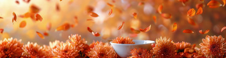 Orange chrysanthemums with falling petals, in a serene autumnal scene.の写真素材