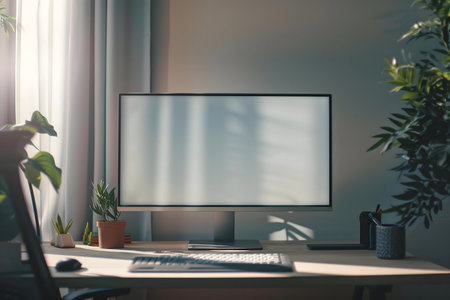 A clean, modern home office setup featuring a blank computer screen, surrounded by plants and bathed in natural sunlight.の写真素材