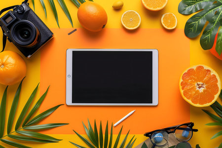 A vibrant summer flatlay featuring a tablet, camera, citrus fruits, and tropical leaves. Perfect for travel blogs or summer themed contentの写真素材
