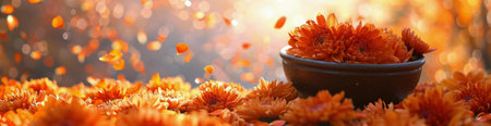 Orange chrysanthemums in a rustic bowl, autumnal petals falling.の写真素材
