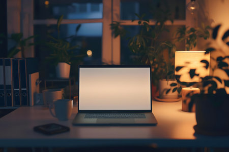 A laptop sits on a desk at night, surrounded by plants and soft lighting, creating a calm atmosphere.の写真素材