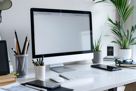 A clean and organized workspace featuring an iMac, office supplies, and indoor plants. The minimalist design promotes productivity and efficiency.の写真素材
