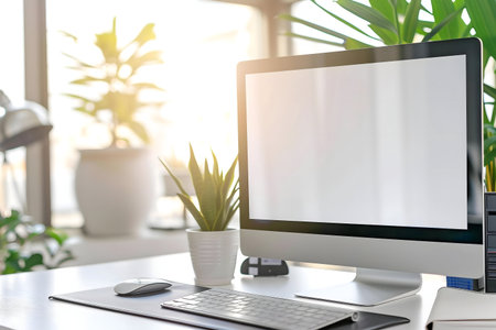 A clean, modern workspace with a blank computer screen and sunlit plants. Ideal for showcasing...