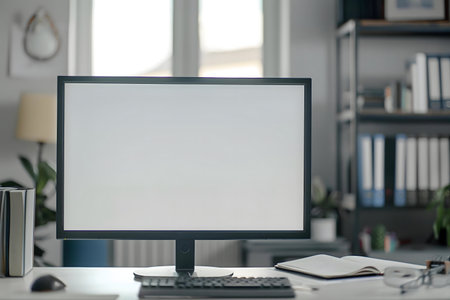 A clean, modern workspace with a blank computer screen, keyboard, and mouse on a desk.の写真素材