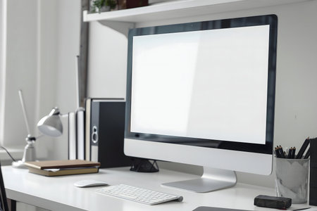 Clean, modern workspace featuring a desktop computer, keyboard, mouse, and other accessories.の写真素材