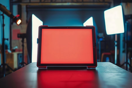 Tablet with red screen in a photography studio.の写真素材