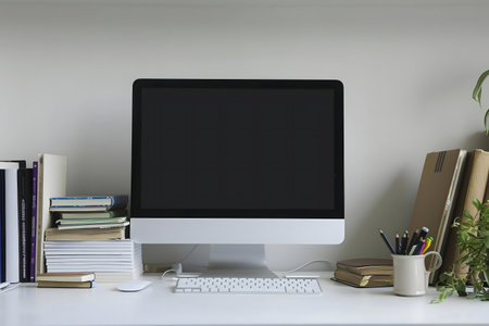 A clean and modern workspace featuring books and minimalist accessories.の写真素材