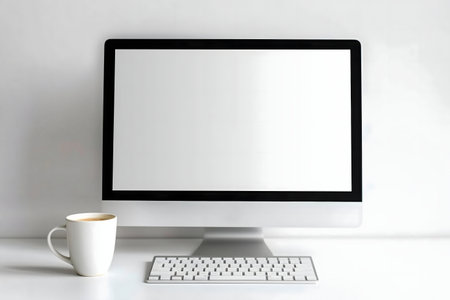 A clean, modern workspace featuring an iMac, keyboard, and a mug of coffee.の写真素材