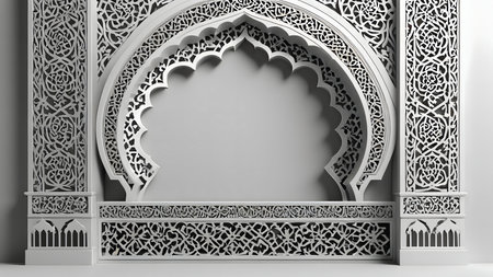 Intricate white arabesque design, showcasing elegant Islamic architecture. A beautiful 3D render of ornate patterns.の写真素材