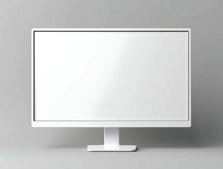 A sleek, white computer monitor with a blank screen, set against a minimalist gray background.の写真素材