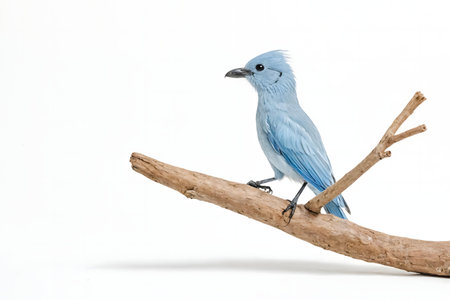 A stunning light blue bird rests gracefully on a weathered branch against a white backdrop.の写真素材