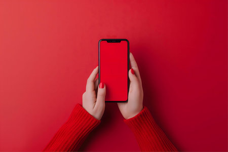 A person holds a red phone against a red background. Mockup for app presentation.の写真素材