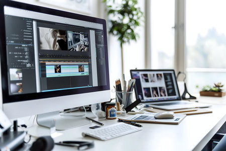 A clean and modern workspace perfect for video editing. High-tech equipment and a bright atmosphere create an ideal production space.の写真素材