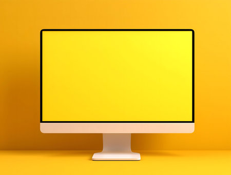 A yellow computer screen on yellow background.の写真素材
