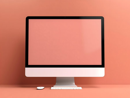 Clean coral desktop setup featuring a computer monitor, keyboard, and mouse.の写真素材