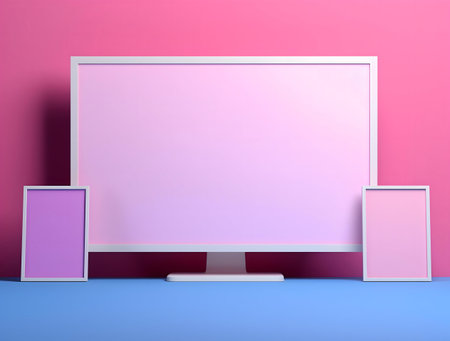 Minimalist mockup featuring a blank screen, pastel pink and purple frames, against a pink background.の写真素材