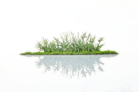 A small island with lush green plants reflected in calm water. Minimalist and peaceful.の写真素材
