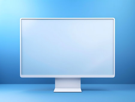 A clean image of a modern white computer monitor against a light blue background.の写真素材