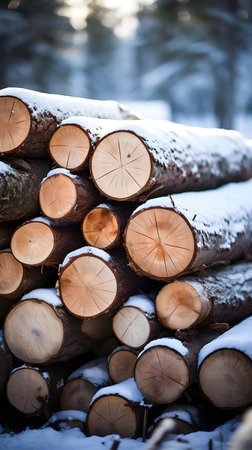 Snow-covered logs stacked in a winter forest. Peaceful snowy scene.の写真素材