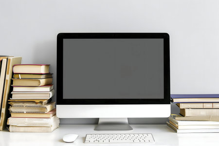 A clean workspace featuring a computer, books, and keyboard. Ideal for study, work, or research.