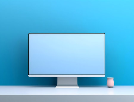 Clean minimalist computer setup on a white desk against a vibrant blue wall. Simple, modern design.の写真素材