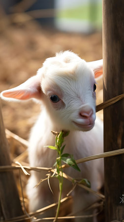 A charming image of a fluffy white baby goat. The goat looks peaceful and innocent.の写真素材