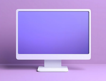 A clean image of a white computer monitor against a soft purple backgroundの写真素材