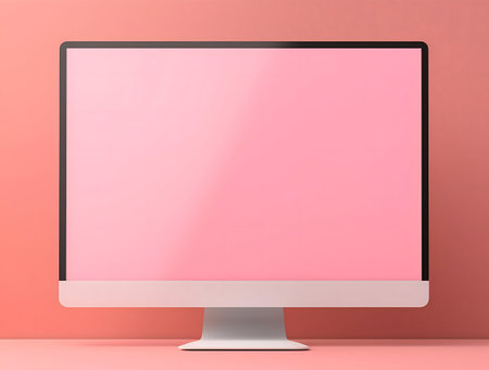 A clean image of a pink desktop computer on a coral background. Perfect for mockupsの写真素材