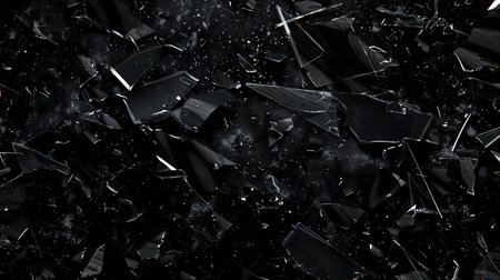 A dramatic image of scattered, black glass shards. The texture and darkness create a powerful visual.の写真素材