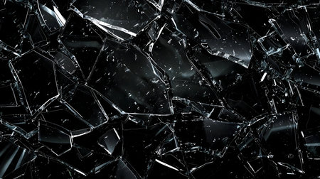 Close-up of shattered glass pieces against a dark background. Abstract texture image.の写真素材