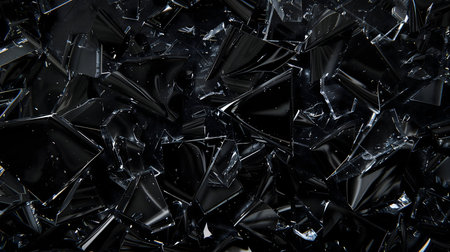 A dramatic abstract image featuring a pile of broken black glass fragments. Dark, edgy, and...