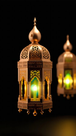 Golden Ramadan lanterns with intricate designs, emitting a warm, inviting glow.の写真素材