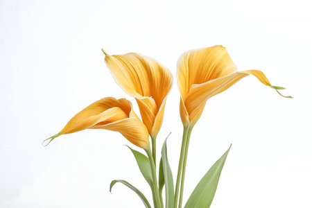 Three vibrant orange Calla Lilies against a white backdrop.の写真素材