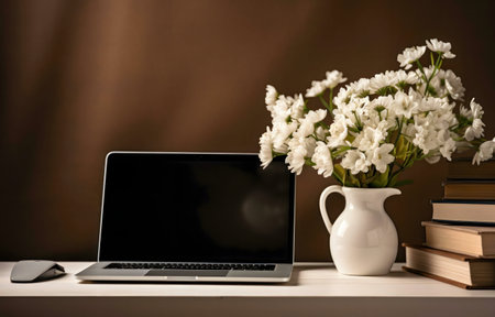 A calm workspace scene with a laptop, a vase of white flowers, and a stack of books.の写真素材