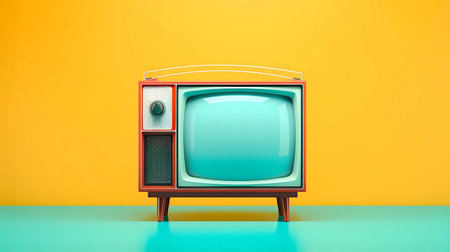 A retro television set in front of a yellow and teal background. It evokes a sense of vintage nostalgia.の写真素材