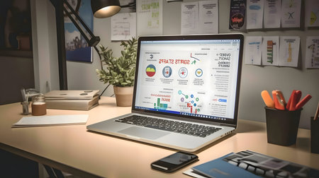 Laptop displaying data analytics on a desk at night. Work and productivity theme.の写真素材