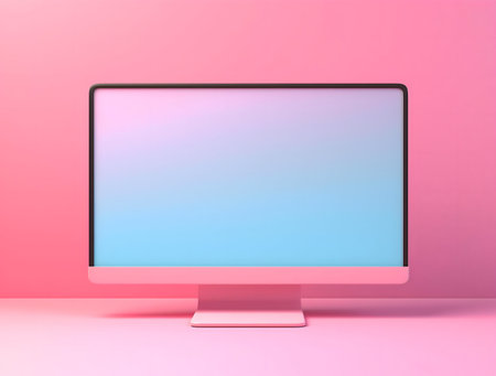 A pink computer monitor with a pastel gradient screen sits on a pink background.の写真素材