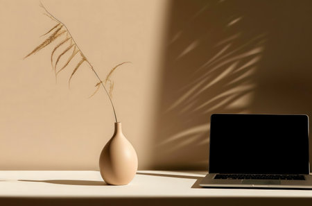 A serene workspace featuring a laptop, beige vase with dried flowers, and soft lighting.の写真素材