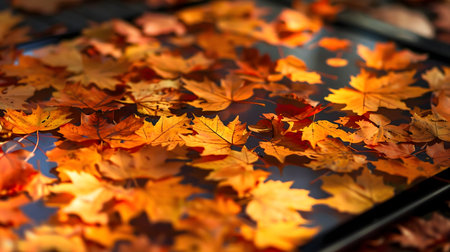 Autumn leaves scattered on a reflective surface. Warm colors and intricate details.