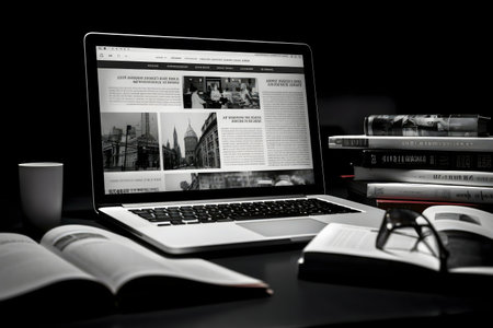 A grayscale image showcasing a laptop displaying a website, surrounded by books, a mug, and glasses on a dark surface.の写真素材