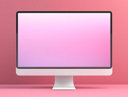 Modern computer with gradient screen on pink backgroundの写真素材