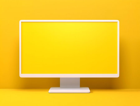 A clean minimal image of a white computer monitor on a yellow background. The screen displays a matching yellow color.の写真素材