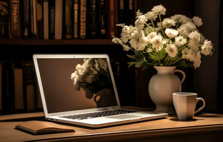 A laptop sits on a wooden desk next to a vase of white flowers and a cup of tea. Bookshelves are in the background.の写真素材