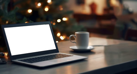 Laptop with blank screen, coffee cup, Christmas lights background. Cozy workspace.の写真素材