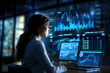 A female data analyst works late, examining financial market data on multiple screens.