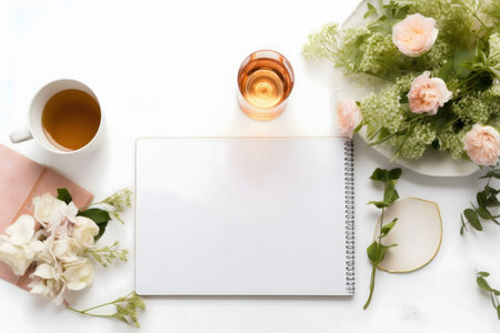 A calming workspace scene with a blank notebook, a cup of tea, delicate flowers, and soft lighting.の写真素材