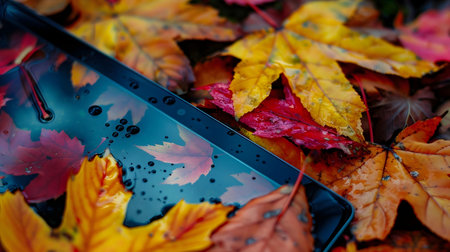 A tablet rests on a bed of colorful autumn leaves, reflecting the vibrant hues. Water droplets adorn the surface.の写真素材