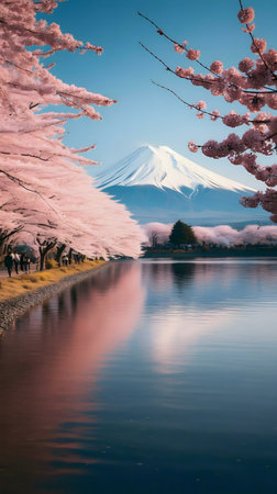 Stunning Mount Fuji reflected in a calm lake, framed by vibrant cherry blossoms. A serene spring scene.の写真素材