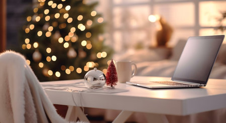 Laptop on a white table, Christmas tree in background.の写真素材