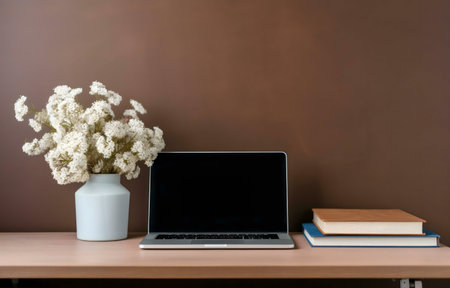 A serene workspace featuring a laptop, books, and a vase of white flowers against a brown...